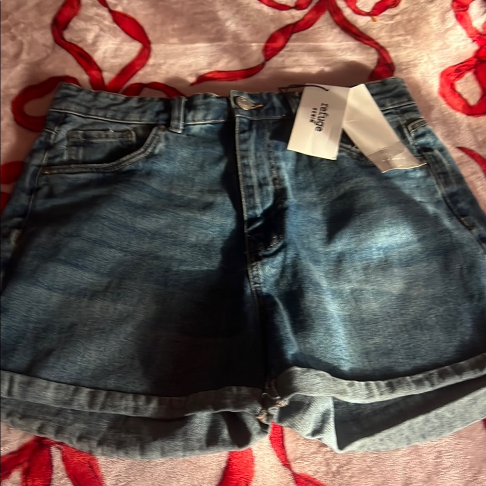 Refuge Blue Jean Shorts with Cuffed Hem and Distressed Look